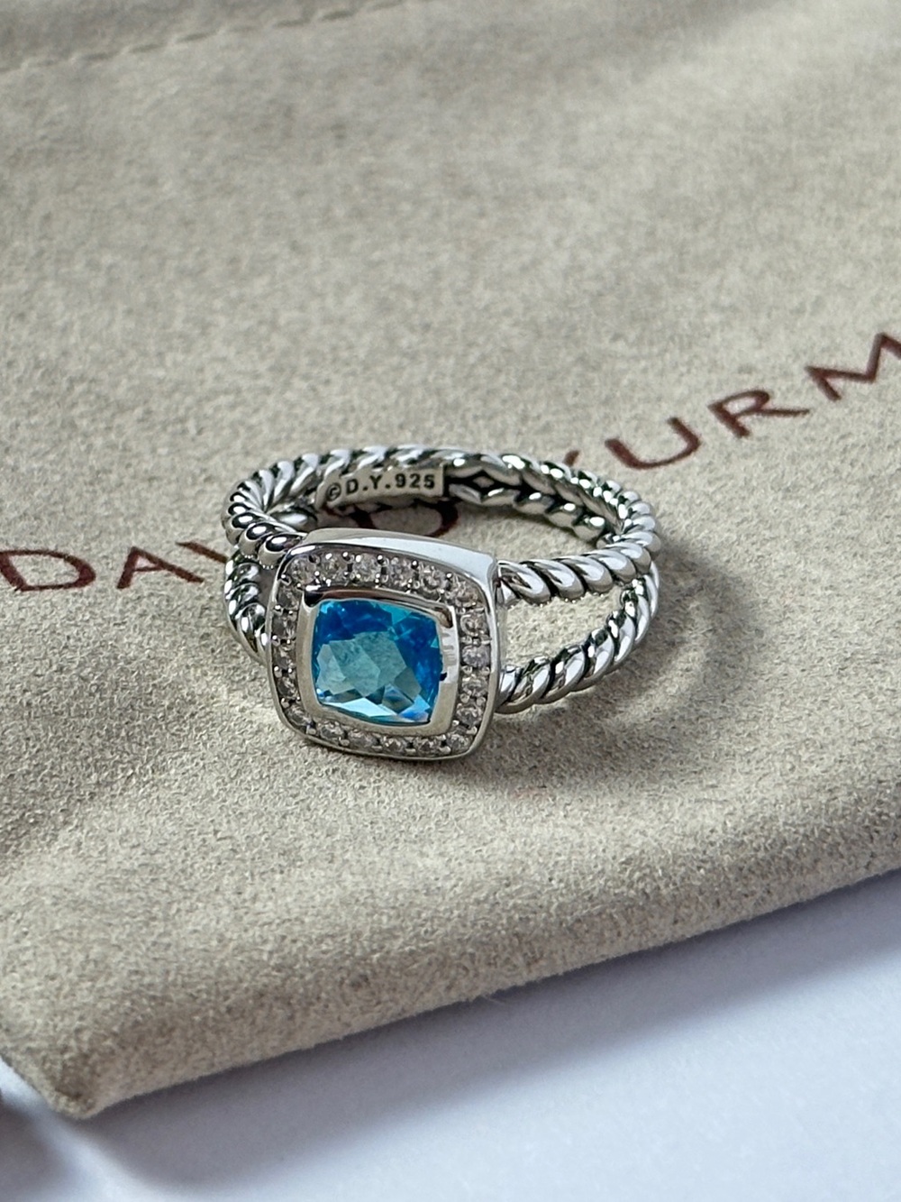 David Yurman Sterling Silver Ring with Blue Topaz and Pave Size 7.5